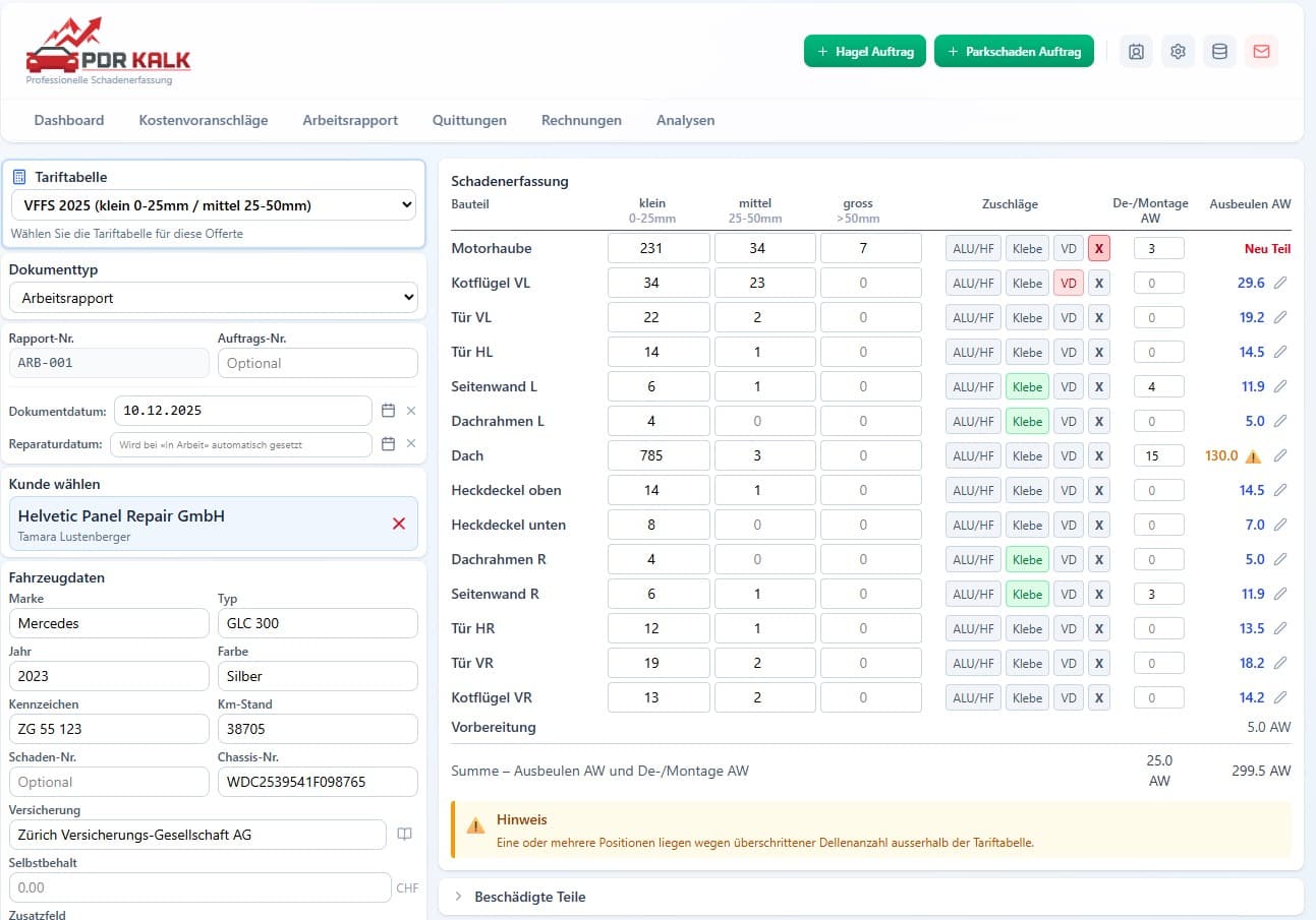 Hagelschaden-Kalkulation (VFFS)